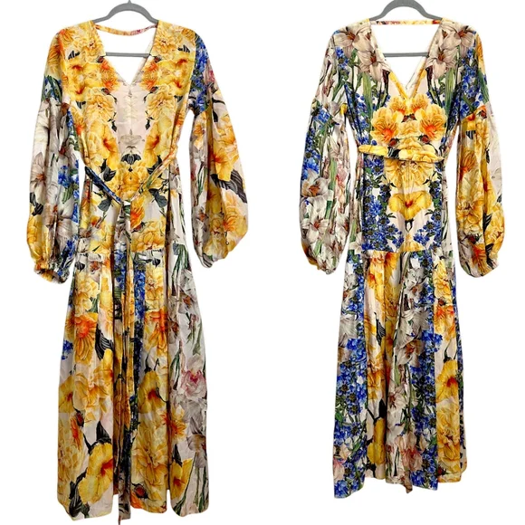Uli Herzner Silk Floral Yellow Blue Long Baloon Sleeve V-neck Maxi Dress S/M - Picture 1 of 8